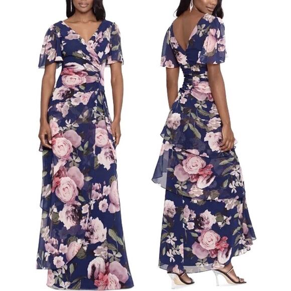 Xscape Surplice Tiered Navy Floral Print Chiffon Flutter Sleeve Evening Gown 4 - Picture 1 of 11